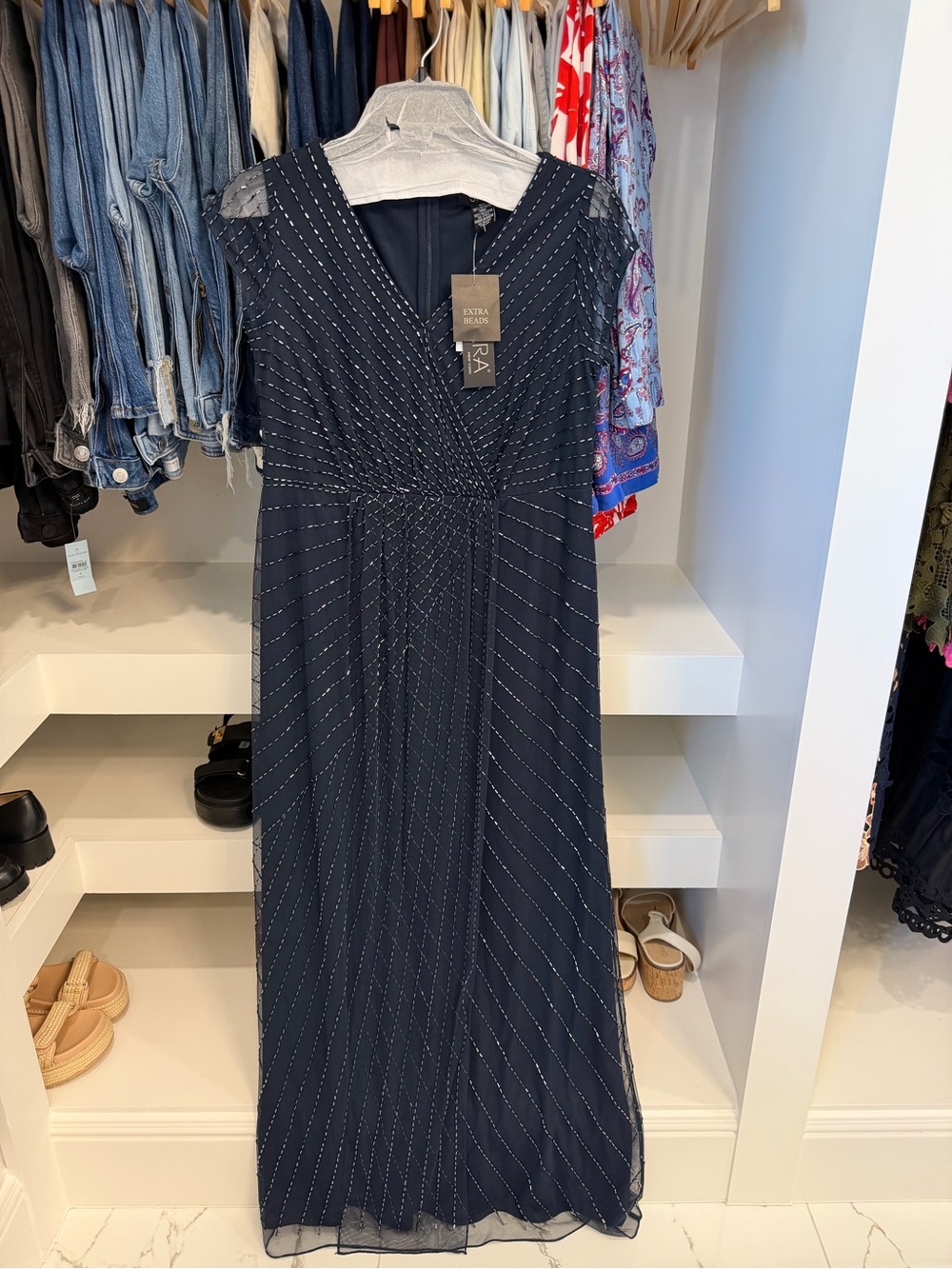 J Kara Navy Beaded V-Neck Gown